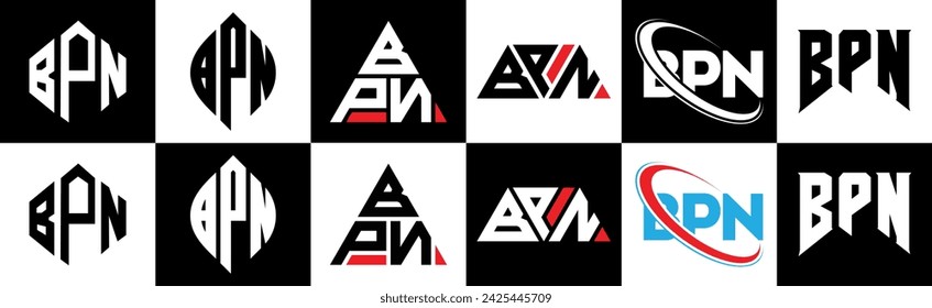 Diseño del logotipo de la letra BPN en seis estilos. Polígono BPN, círculo, triángulo, hexágono, estilo plano y simple con el logotipo de la letra de la variación del color blanco y negro establecido en una mesa de trabajo. BPN logotipo minimalista y clásico