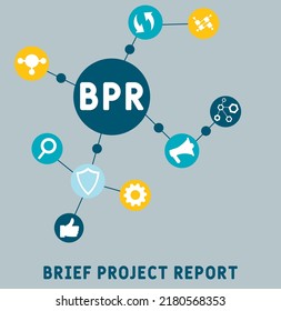 bpr - breve acrónimo de informe de proyecto, concepto de negocio. ilustración de diseño de tipografía de letras de palabras con iconos de línea y ornamentos.  Diseño vectorial del concepto de promoción de sitios web en Internet.
