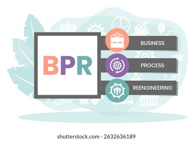BPR - Acrônimo de Business Process Reengineering. plano de fundo do conceito de negócios. conceito de ilustração vetorial com palavras-chave e ícones. ilustração com ícones para banner da Web, folheto, página inicial