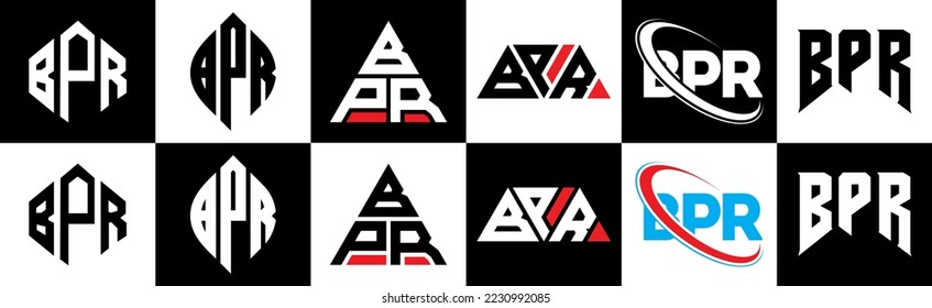 Diseño del logo de la carta BPR en seis estilos. polígono BPR, círculo, triángulo, hexágono, estilo plano y sencillo con el logotipo de la letra de variación en color blanco y negro en un tablero de dibujo. Logo de BPR minimalista y clásico