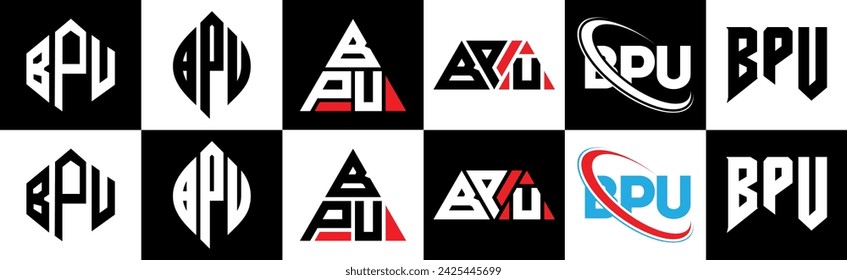 Diseño del logotipo de la letra de BPU en seis estilos. Polígono BPU, círculo, triángulo, hexágono, estilo plano y simple con el logotipo de la letra de la variación del color blanco y negro establecido en una mesa de trabajo. Logo minimalista y clásico de BPU