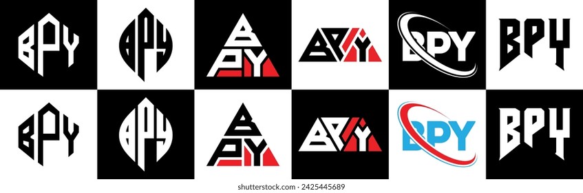 BPY letter logo design in six style. BPY polygon, circle, triangle, hexagon, flat and simple style with black and white color variation letter logo set in one artboard. BPY minimalist and classic logo