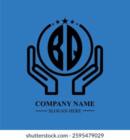 BQ initials held within hands, symbolizing trust and protection. The circle represents unity, while stars highlight excellence and ambition.