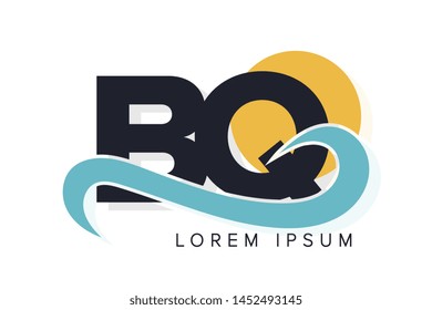 BQ letter logo with ocean waves and sunset. Beach concept design