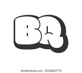 BQ logo, bubble comic lettering, rounded in graffiti style black and white silhouette. Trendy preschool B and Q letter text for festival party, personal initials, children funky print and web. Vector