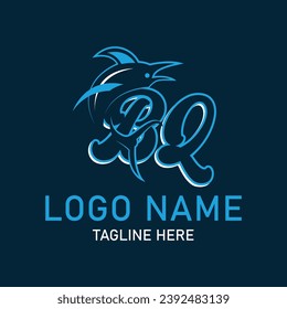 BQ shark logo design vector. Cartoon shark mascot on navy background. 
Shark esport mascot logo design. Editable letter shark logo design for company