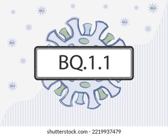 BQ.1.1 variant in the sign. Coronovirus with spike proteins of a different color symbolizing mutations. New Omicron subvariant "Cerberus "against the background of covid-19 case statistics.