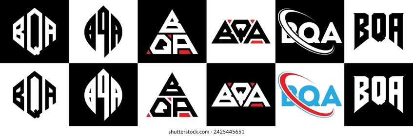 BQA letter logo design in six style. BQA polygon, circle, triangle, hexagon, flat and simple style with black and white color variation letter logo set in one artboard. BQA minimalist and classic logo