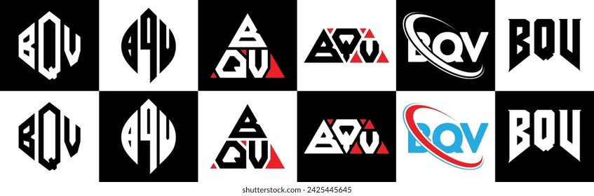 BQV letter logo design in six style. BQV polygon, circle, triangle, hexagon, flat and simple style with black and white color variation letter logo set in one artboard. BQV minimalist and classic logo