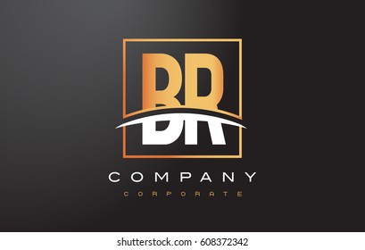 BR B R Golden Letter Logo Design with Swoosh and Rectangle Square Box Vector Design.