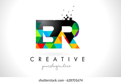 BR B R Letter Logo with Colorful Vivid Triangles Texture Design Vector Illustration.