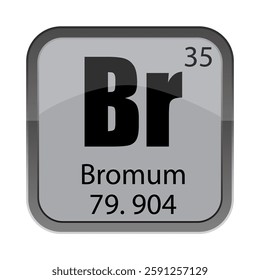 Br Bromum 79.904. Number 35 detail. Gray chemical tile. Vector periodic icon.