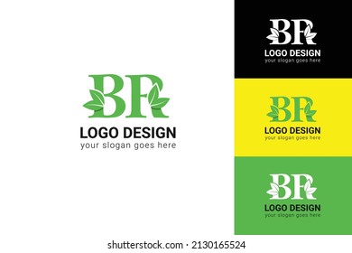 Letras BR ecologo con hoja. Tipo de vectores para afiches naturales, emblema ecológico, identidad vegana, tarjetas botánicas y de hierbas, etc. Letras ecológicas BR con logo con hoja verde.