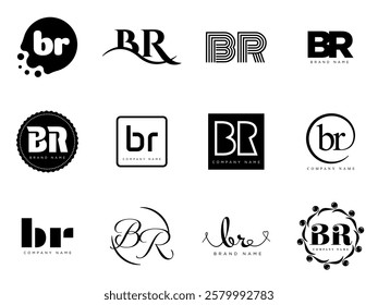 BR logo company template. Letter b and r logotype. Set different classic serif lettering and modern bold text with design elements. Initial font typography. Collection trendy business identity.