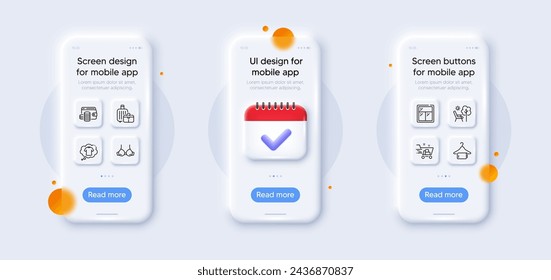 Bra, Clean towel and Window line icons pack. 3d phone mockups with calendar. Glass smartphone screen. Shopping cart, T-shirt, Wallet money web icon. Deckchair, Baggage pictogram. Vector