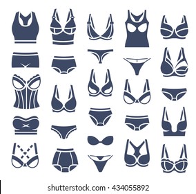 Bra design and panties styles vector flat silhouette icons set. Female underwear pictogram collection. Lingerie fashion infographic elements. Woman wardrobe garments. Various clothes isolated symbols