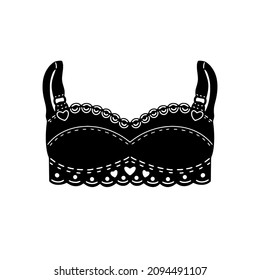 Bra-Design für Unterwäsche. Vektorgrafik von Unterwäsche. Schwarze Büstenhalle auf weißem Hintergrund. Eleganter Spitzen-BH, handgezeichnet.