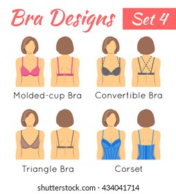 Bra design vector flat icons set. Female torso in different types of brassieres. Front and back view. Lingerie fashion infographic elements. Woman wears molded-cup, convertible, triangle, corset