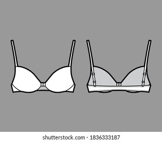 Bra front closure lingerie technical fashion illustration with full adjustable shoulder straps, molded cups. Flat brassiere template front back white color style. Women men unisex underwear CAD mockup