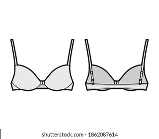 Bra front closure lingerie technical fashion illustration with full adjustable shoulder straps, molded cups. Flat brassiere template front back grey color style. Women men unisex underwear CAD mockup
