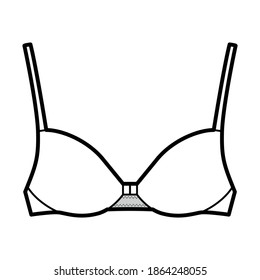 Ilustración técnica de la ropa interior de cierre frontal de la parte delantera con correas de hombro ajustables completas, vasos moldeados. Delantera de la plantilla de ladrillo plano, estilo de color blanco. Mujeres hombres unisex ropa interior 
