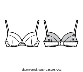 Bra full cup lingerie technical fashion illustration with adjustable shoulder straps, hook-and-eye closure. Flat brassiere template front, back white color style. Women men unisex underwear CAD mockup