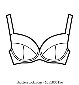 Bra full support lingerie technical fashion illustration with full adjustable wide shoulder straps, hook-and-eye closure. Flat template front white color style. Women men unisex underwear CAD mockup