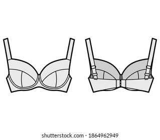 Bra Full Support Dessous technische Modegrafik mit verstellbaren Riemen, Haken-und-Augen-Verschluss. Flaches Bassiere Vorlagenfronten, rückgrauer Farbstil. Frauen ohne Unterwäsche CAD-Modell