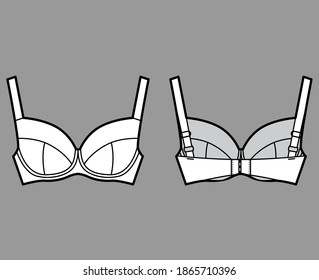 Bra Full Support Dessous technische Modegrafik mit verstellbaren Riemen, Haken-und-Augen-Verschluss. Flaches Bassiere Vorlagenfronten, weißer Hintergrund. Frauen ohne Unterwäsche CAD-Modell