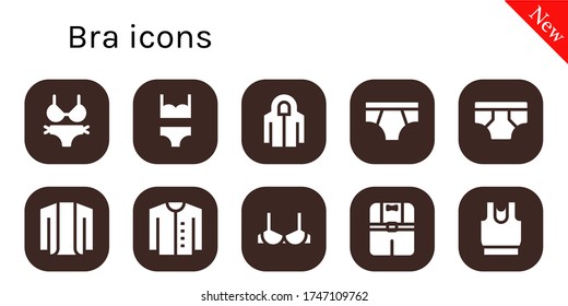 conjunto de iconos de barra. 10 iconos de sujetador rellenos.  Iconos modernos sencillos como: Bikini, Hoodie, Ropa interior, Cardigan, Brassiere, Ropa