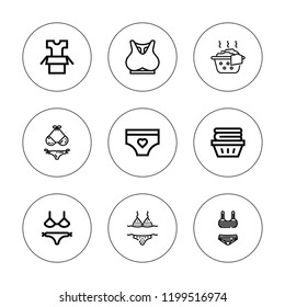 Bra icon set. collection of 9 outline bra icons with bra, bikini, clothes, panties icons. editable icons.