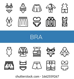 conjunto de iconos de barra. Colección de bikinis, traje de baño, falda, ropa, albornoz, ropa interior, cinturón de adelgazamiento, iconos de ropa de baño