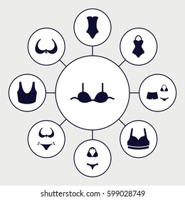bra icons set. Set of 9 bra filled icons such as bikini