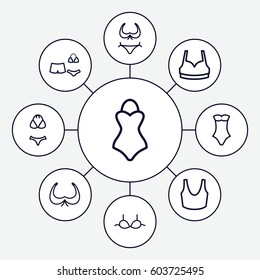 Bra icons set. set of 9 bra outline icons such as bikini