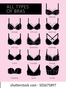 Bra icons set. All types of Different types of bras. Vector.