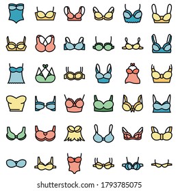 Iconos de Bra. Conjunto de esquemas de iconos vectoriales de sujetador color de línea delgada plano sobre blanco