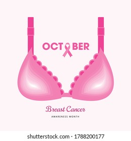 Bra illustration for Breast cancer awareness month with pink ribbon symbol. World October Breast Cancer Awareness Month. Medical vector illustration. svg