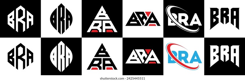 BRA letter logo design in six style. BRA polygon, circle, triangle, hexagon, flat and simple style with black and white color variation letter logo set in one artboard. BRA minimalist and classic logo