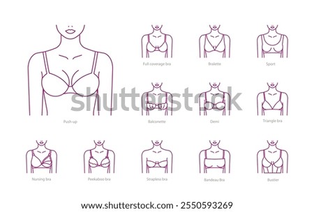 Bra, line icons. Big set of breasts bra - push-up, bralette, triangle, nursing, strapless, bandeau and others. Female body, front view, lingerie. Editable stroke, linear illustration