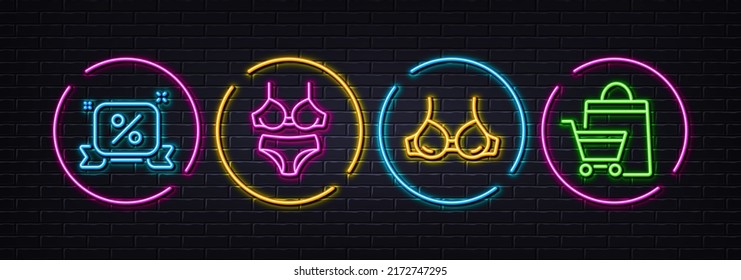 Bra, Lingerie and Discounts ribbon minimal line icons. Neon laser 3d lights. Sale bags icons. For web, application, printing. Brassiere lingerie, Bra with panties, Sale banner. Shopping cart. Vector