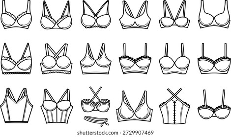 Bra and Lingerie Icon Set. Vector Collection of Women Underwear, Brassiere, and Bikini Line Art Illustrations