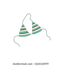 Bra, piece of swimwear bikini. Top of bathing suit. Summer beach garment of triangular shape with strings. Striped wearing, swimming apparel. Flat vector illustration isolated on white background