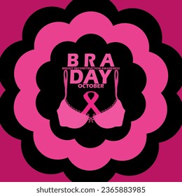 A Bra and pink ribbon in circle ribbon, with bold text on black background to commemorate National B.R.A. Breast Reconstruction Awareness Day on October  svg