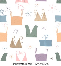 Bra nahtloses Muster mit der Sonne im Doodle-Stil, Vektorgrafik. Sommerliche Unterwäsche. Klare Strafen für Frau, Mädchen, Dame. Frauenmode aus Dessous. Design für Geschenkpapier, Karte oder Banner.