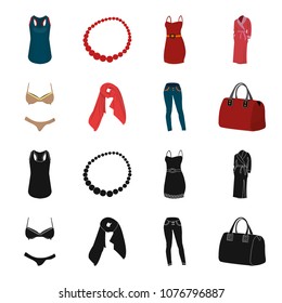 Bra with shorts, a women scarf, leggings, a bag with handles. Women clothing set collection icons in black,cartoon style vector symbol stock illustration web.