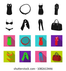 Bra with shorts, a women scarf, leggings, a bag with handles. Women clothing set collection icons in black,flet style vector symbol stock illustration web.
