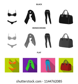 Bra with shorts, a women scarf, leggings, a bag with handles. Women clothing set collection icons in black, flat, monochrome style vector symbol stock illustration web.