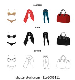 Bra with shorts, a women scarf, leggings, a bag with handles. Women clothing set collection icons in cartoon,black,outline style vector symbol stock illustration web.