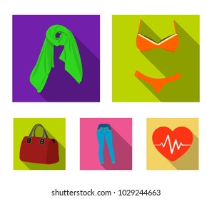 Bra with shorts, a women's scarf, leggings, a bag with handles. Women's clothing set collection icons in flat style vector symbol stock illustration web.