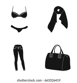 Bra with shorts, a women's scarf, leggings, a bag with handles. Women's clothing set collection icons in black style vector symbol stock illustration web.